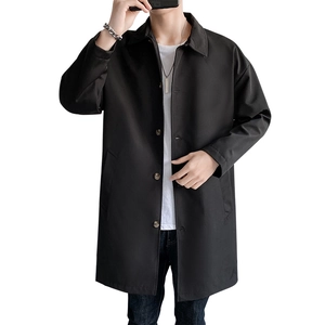 Men's minimalist mid-length black trench coat with notch lapel and single-breasted buttons