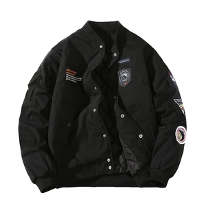 Black MA1 bomber jacket featuring tactical embroidery and warm quilted lining