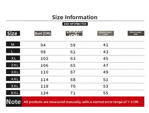 Detailed size chart for men's black motorcycle vest ranging from size M to 6XL in CM