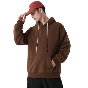 Sweat à capuche marron foncé en coton épais avec cordons contrastés et poche kangourou