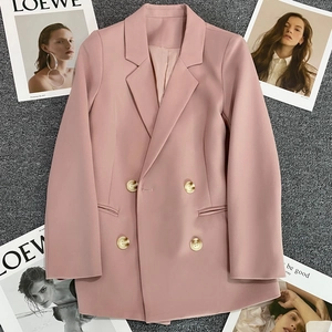 Pink casual blazer for women featuring a double-breasted design and gold buttons