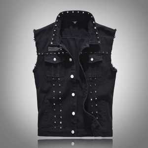 Men's punk rock black denim vest with metallic silver studs and distressed raw edges