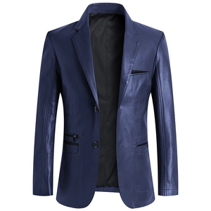 Giacca blazer uomo in pelle PU blu scuro con rever e tasche con zip