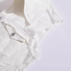 Slim fit white denim vest for men featuring frayed edges and flap pockets on front