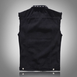Men's black denim motorcycle vest with silver studs and frayed armholes, back view