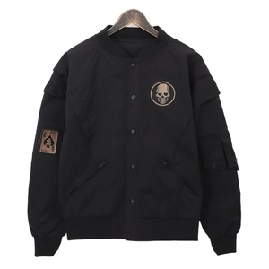 Men MA1 Pilot Bomber Jacket Black Skull Embroidery Streetwear Windproof Workwear Loose Fit Coat With Ribbed Cuffs Outwear