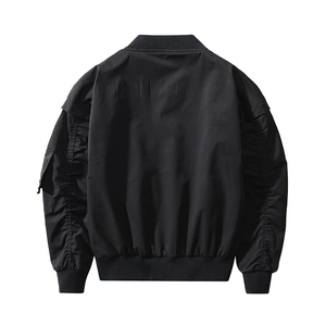 Back view of black MA1 bomber jacket with windproof fabric and ribbed knit collar