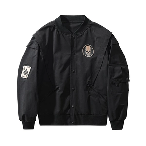 Men's black MA1 bomber jacket with skull embroidery and poker patch details