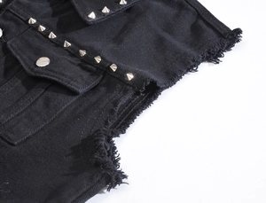 Men's slim fit black denim vest with punk silver pyramid studs and distressed raw edges