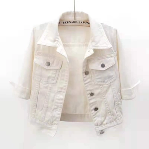 Slim fit white short denim jacket with half sleeves and classic chest pockets