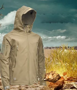Detail of khaki windproof tactical softshell jacket with fleece lining and hood