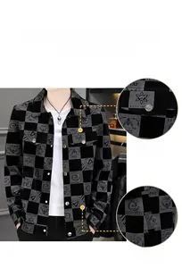 Detail view of men's casual plaid jacket featuring 3D ergonomic cut and stylish patches