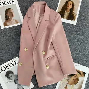 Elegant Women Dusty Pink Blazer Jacket Double Breasted Notch Lapel Solid Color Long Sleeve Casual Office Outwear Commute Style