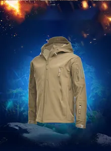 Detail of khaki softshell tactical jacket showing functional pockets and windproof fabric