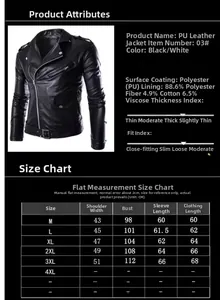 Detailed size chart for men's slim fit PU leather jacket with measurements in CM