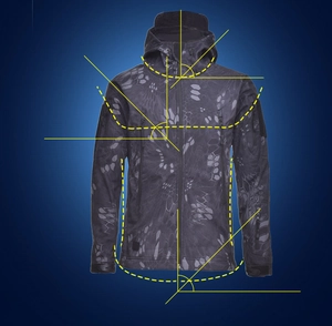 Detail showing ergonomic tactical cut and python camo pattern on softshell jacket