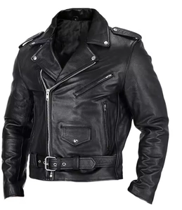 Detail of black biker leather jacket with asymmetric zipper and adjustable waist belt