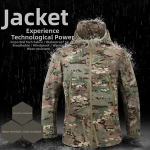 Close-up of waterproof camo tactical jacket fabric with water splashing effect