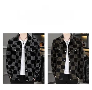 Detail of men's checkerboard jacket featuring turn-down collar and star print patterns