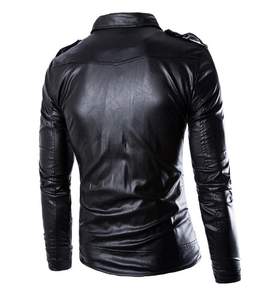 Rear view of black motor jacket with epaulets and zipper details on the sleeves
