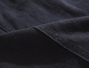 Macro shot of high-quality black twill fabric texture showing detailed weave patterns