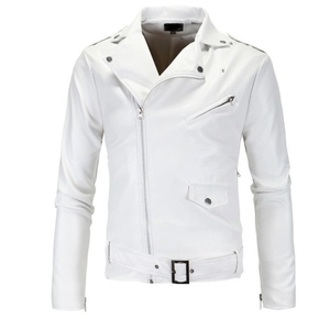 Detail of white PU leather motorcycle jacket with diagonal zipper and metal studs