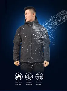 Waterproof tactical hooded jacket for men with zipper pockets and splash-resistant shell