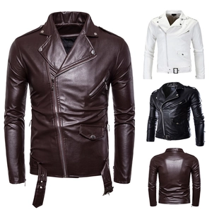 Detail view of motorcycle PU leather jacket showing asymmetric zippers and metal snaps