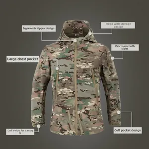 Close-up of tactical camo jacket showing stowable hood and durable functional pockets