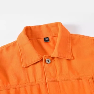 Men's casual loose-fit orange denim jacket featuring lapel collar and metal buttons