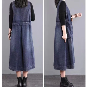 Robe gilet en jean bleu foncé ample avec grandes poches et ourlet vintage pour femmes