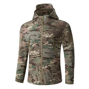 Close-up of Multicam tactical softshell jacket with zippers and tactical sleeve patch