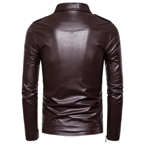 Back view detail of slim fit burgundy leather jacket featuring shoulder epaulettes and zippers