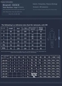 Detailed size chart for waterproof shark skin softshell hooded jacket with fleece lining
