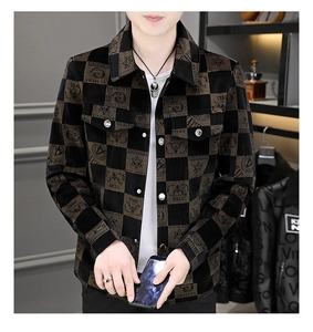 Close-up of men's plaid casual jacket featuring lapel collar and metal button pockets