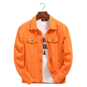 Vibrant orange denim jacket for men featuring classic collar and metal buttons