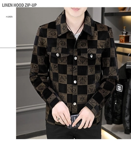 Detail of linen jacket featuring brown checkerboard pattern and Star print text