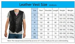 Detailed size chart for black leather motorcycle vest ranging from XS to 3XL for riders
