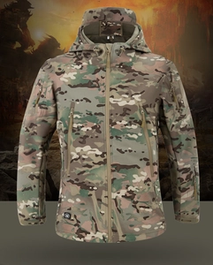 Tactical camouflage jacket featuring multiple zippered pockets and adjustable hood detail