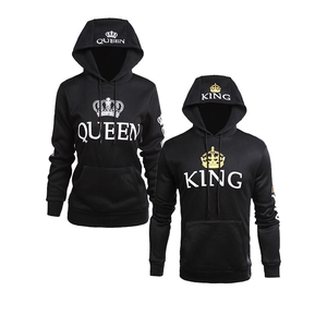 Matching black King and Queen hoodies with gold and silver crowns for couples