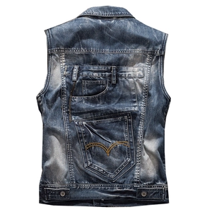 Men's retro wash blue denim vest featuring vintage multi-pocket utility design on back