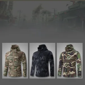Detailed comparison of tactical jackets in three camouflage patterns with tactical arm pockets