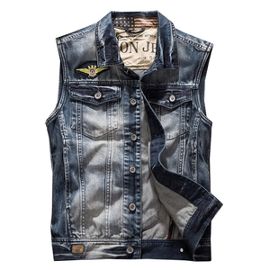 Men's slim fit vintage denim vest with heavy wash effect and wing embroidery