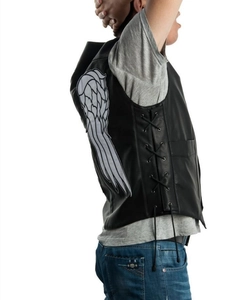 Black leather biker vest with white wing print and side lacing details for men