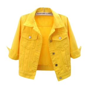 Slim fit bright yellow denim jacket for women with silver buttons and chest pockets