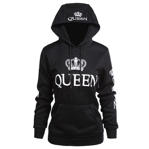 Black Queen hoodie for women with white crown logo print and front kangaroo pocket