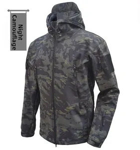Tactical jacket in Dark Night Camouflage featuring multiple zipper pockets and hooded design