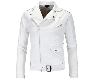 Detail of white motorcycle jacket featuring metal buckles and wide lapel collar