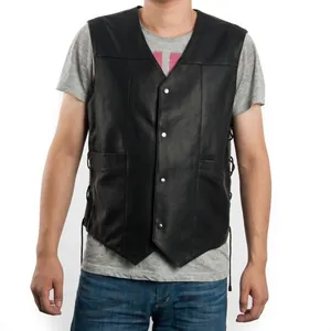 Men black leather motorcycle vest with angel pattern and side laces for biker style
