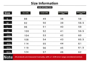 Tableau des tailles pour vestes décontractées du S au 6XL avec mesures du buste